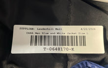 Load image into Gallery viewer, Zara Mens Blue And White Long Sleeve Letterman Patch Bomber Jacket Size L
