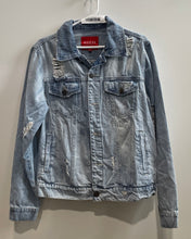 Load image into Gallery viewer, Guess Womens Blue Denim Long Sleeve Button Front Trucker Jacket Size Medium
