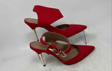 Load image into Gallery viewer, Biondini Womens Red Pointed Toe Buckle Stiletto Ankle Strap Heels Size 7
