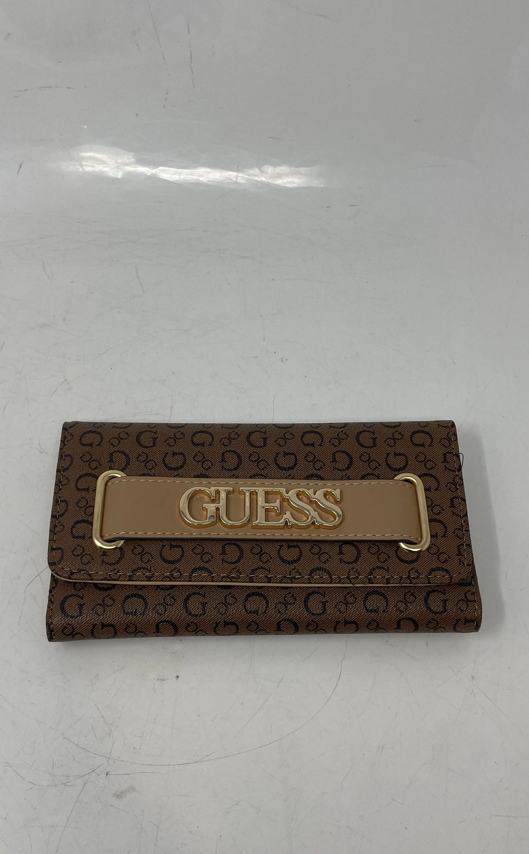 Guess Womens Brown Black Signature Print ID And Credit Card Slots Trifold Wallet