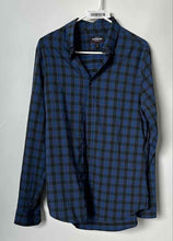 Load image into Gallery viewer, Express Mens Black Blue Plaid Stretch Extra Slim Fit Long Sleeve Dress Shirt M
