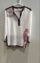 Load image into Gallery viewer, Desigual Womens White Burgundy Mandala Long Sleeve Split Neck Blouse Top Size L
