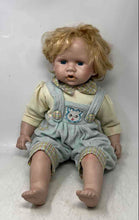 Load image into Gallery viewer, Blonde Hair Blue Eyes Decorative Porcelain Baby Doll With Plaid Overalls Outfit

