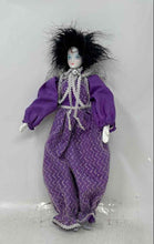 Load image into Gallery viewer, Vintage Purple Black Outfit Painted Face Feather Hair Porcelain Harlequin Doll
