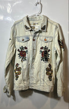 Load image into Gallery viewer, Reason Mens Blue Snakes And Roses Embroidered Long Sleeve Denim Jacket Size L
