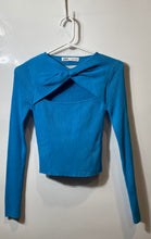 Load image into Gallery viewer, Zara Womens Blue Ribbed Cross Knot Long Sleeve Cropped Blouse Top Size Small
