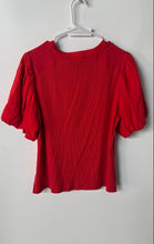 Load image into Gallery viewer, DKNY Womens Red Puff Sleeve Mixed Media Henley Neck Blouse Top Size Large
