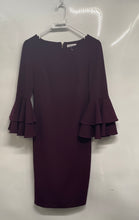 Load image into Gallery viewer, Calvin Klein Womens Burgundy Tiered Bell Sleeve Back Zip Sheath Dress Size 2
