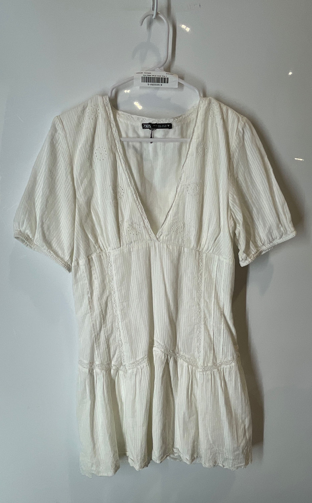Zara Womens White Embroidered Short Sleeve V-Neck Mini Dress Size Large
