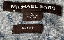 Load image into Gallery viewer, Michael Kors Mens Blue Monogram Printed Linen Slim Fit Button-Up Shirt Size S
