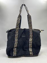 Load image into Gallery viewer, Versace Parfums Womens Black Gold Double Strap Folding Tote Handbag Stained

