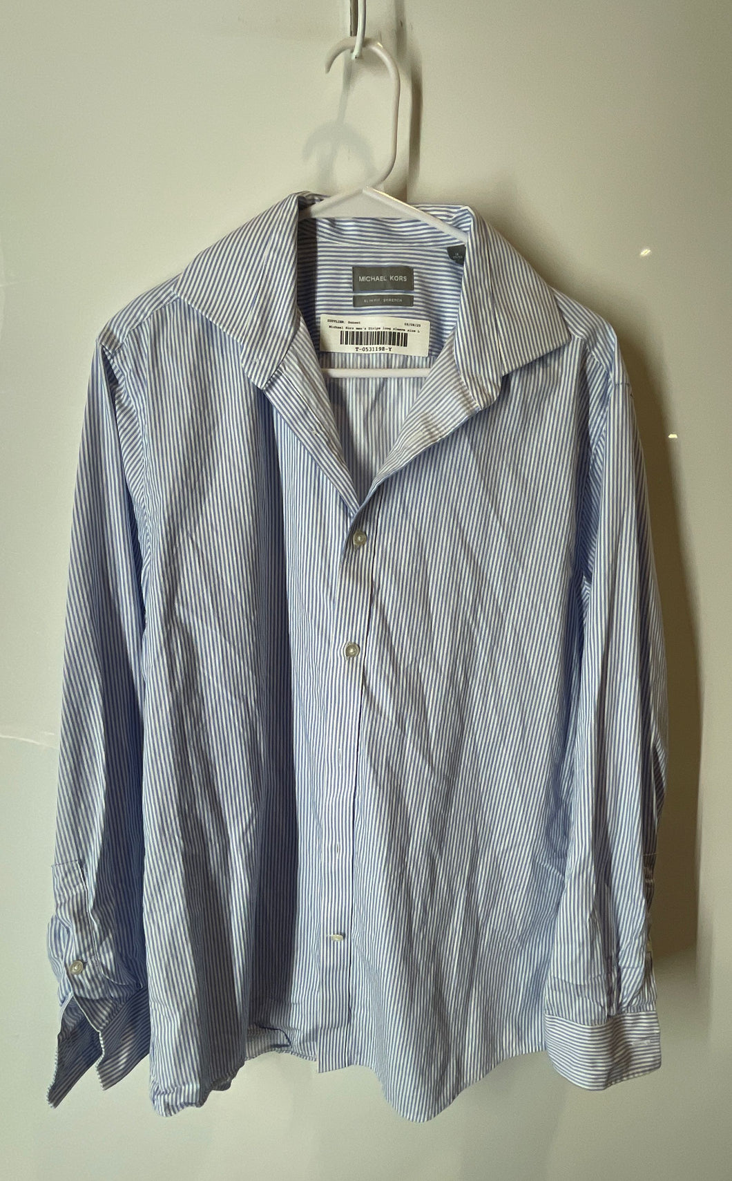Michael Kors Mens Blue White Striped Slim Fit Long Sleeve Dress Shirt Size L