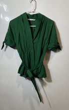 Load image into Gallery viewer, Zara Womens Green Short Sleeve V-Neck Pleated Belted Waist Blouse Top Size Small
