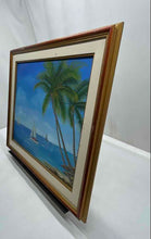 Load image into Gallery viewer, Wall Hanging Palm Trees Ocean Sailboats Blue Art Painting Signed Fran Melia
