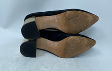 Load image into Gallery viewer, Ann Taylor Womens Black &amp; Gold Suede Pointed Toe Block Pump Heels Size 7.5M
