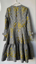 Load image into Gallery viewer, Apparalel Womens Gray Gold Floral Plaid Brocade Ruffle Fit &amp; Flare Dress Size S
