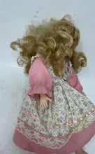 Load image into Gallery viewer, Vintage Blonde Curly Hair Green Eyes Porcelain Girl Doll In Cotton Floral Dress
