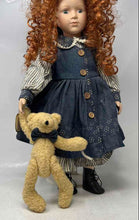 Load image into Gallery viewer, Seymour Mann Curly Red Hair Green Eyes Porcelain Doll Holding Teddy Bear
