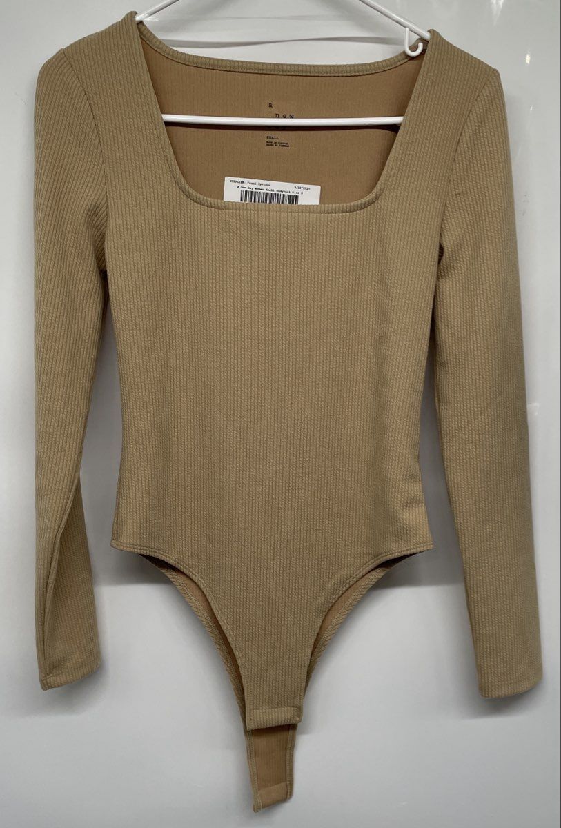 A New Day Womens Khaki Long Sleeve Square Neck Bodysuit Top Size S