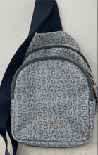 Load image into Gallery viewer, Guess Womens Navy Blue Monogram Adjustable Strap Zipper Sling Backpack
