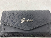 Load image into Gallery viewer, Guess Womens Black Silver Monogram Embellished Logo Pocket Slim Trifold Wallet
