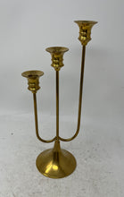 Load image into Gallery viewer, Vintage Gold Brass 3 Arm Stepped Candelabra Mid-Century Modern Candle Holder
