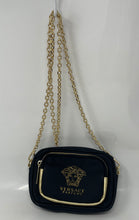 Load image into Gallery viewer, Versace Parfums Womens Black Gold-Tone Detachable Chain Strap Crossbody Purse
