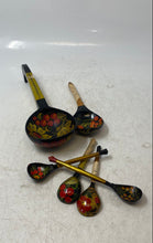 Load image into Gallery viewer, Vintage Soviet Khokhloma Wooden Floral Lacquer Spoons And Ladle Set Of 6 Pcs
