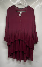 Load image into Gallery viewer, Zara Womens Burgundy Pleated Ruffle Layered Bell Sleeve V-Neck Mini Dress Size S
