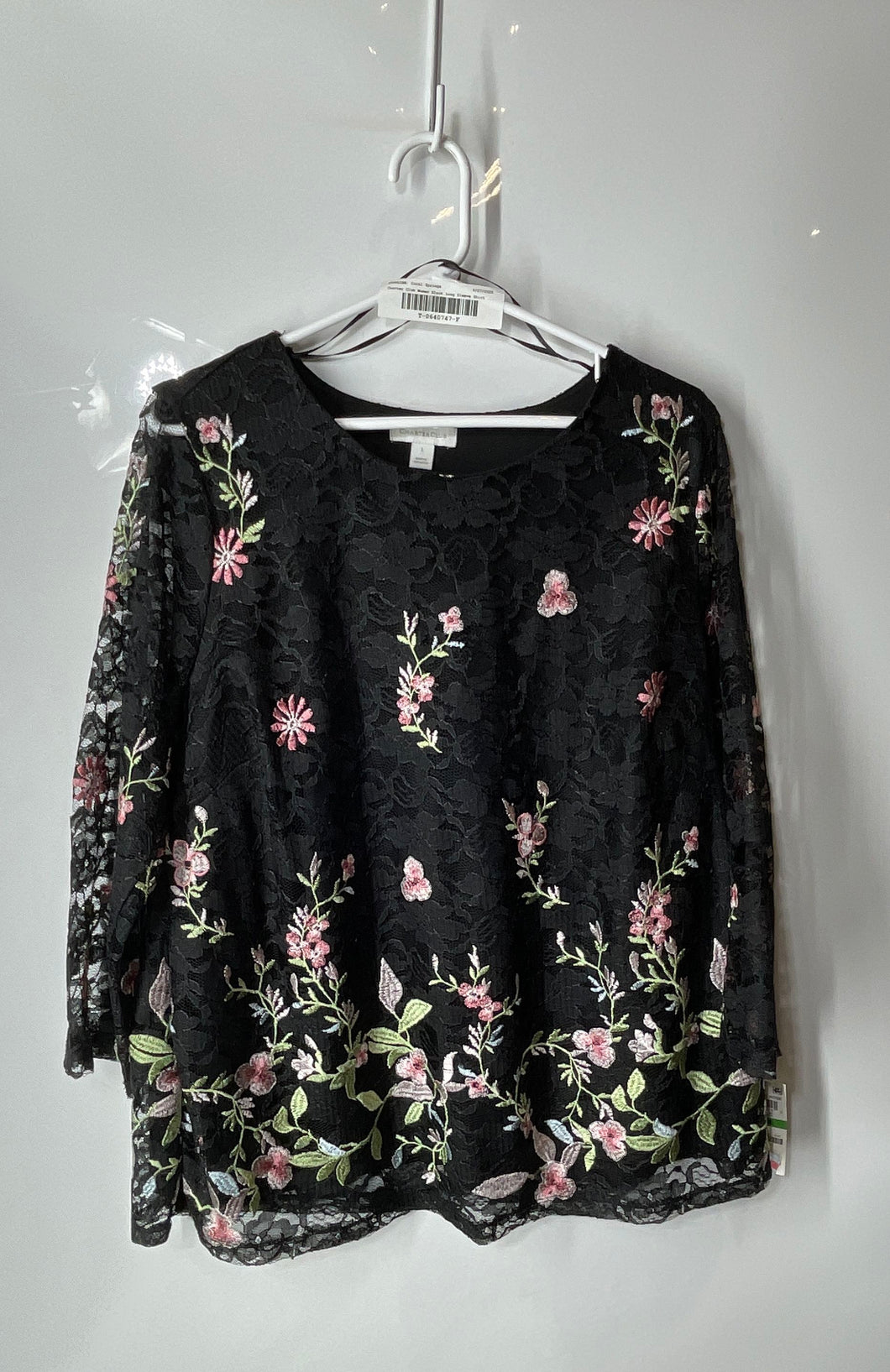 Charter Club Womens Black Floral Lace Embroidered Long Sleeve Blouse Top Size L