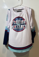 Load image into Gallery viewer, Troy Adults White Red &amp; Blue Florida Alliance #3 Long Sleeve Hockey Jersey Sz S
