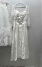 Load image into Gallery viewer, Womens White Satin Lace Sleeve Pleated Wedding Dress With Underskirt Size 14
