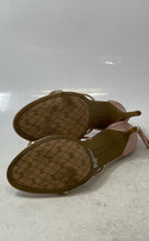 Load image into Gallery viewer, Bebe Womens Berdine Pink Gold Zipper Open Toe Stiletto Strappy Heels Size 9
