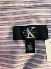 Load image into Gallery viewer, Calvin Klein Mens Purple White Striped Cotton Long Sleeve Dress Shirt Sz L 16.5

