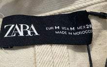 Load image into Gallery viewer, Zara Womens Beige Long Sleeve Collared Belted Button Front Denim Jacket Size M
