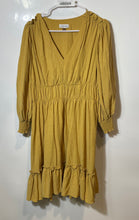 Load image into Gallery viewer, Calvin Klein Womens Mustard Puff Sleeve V-Neck Ruffle Hem A-Line Dress Size 14
