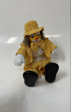 Load image into Gallery viewer, Small Decor Collectible Porcelain Clown Doll In Yellow Gingham Plaid Suit &amp; Hat
