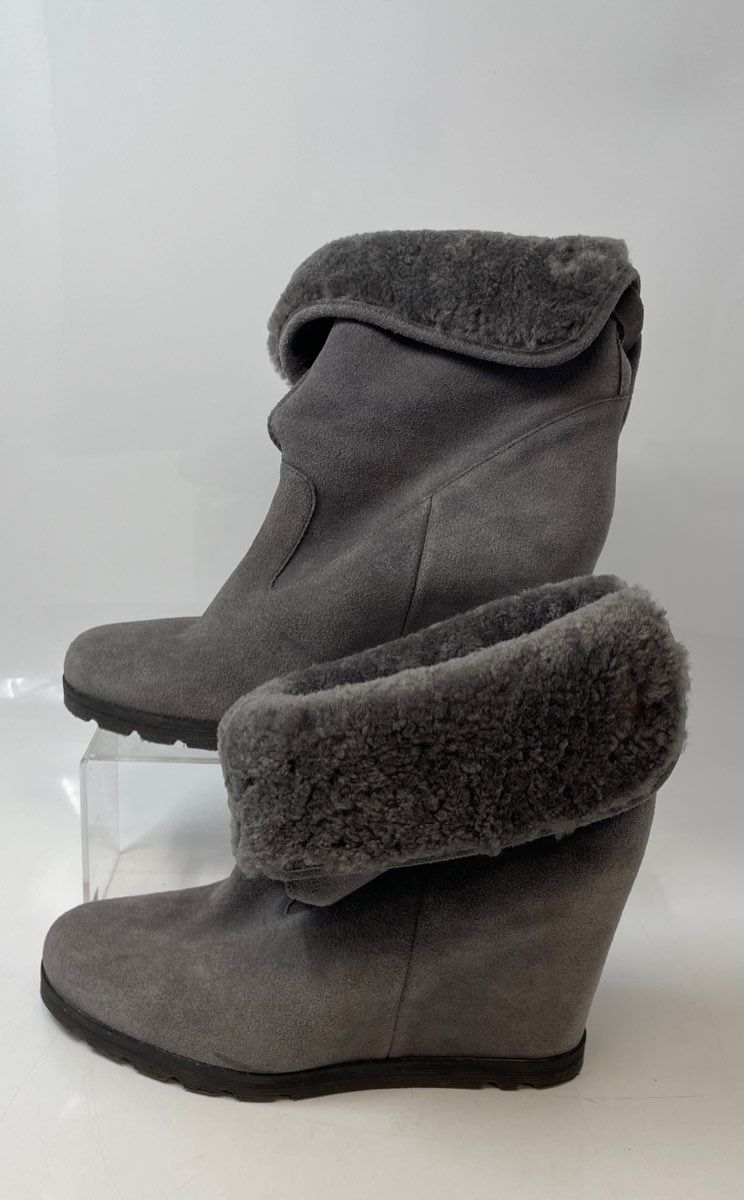 UGG Womens Kyra Gray Suede Shearling Foldover Wedge Heel Snow Boots Size 10