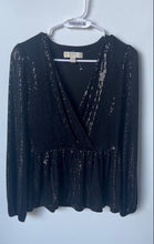 Load image into Gallery viewer, Michael Kors Womens Black Sequin Long Sleeve Crossover Peplum Blouse Top Size S
