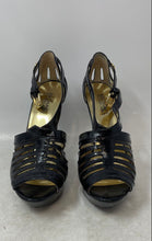 Load image into Gallery viewer, Michael Kors Womens Joslin Black Gold Patent Leather Platform Sandals Size 7M
