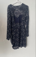 Load image into Gallery viewer, Express Womens Silver Blue Floral Long Sleeve Open Back Sheath Dress Size Large
