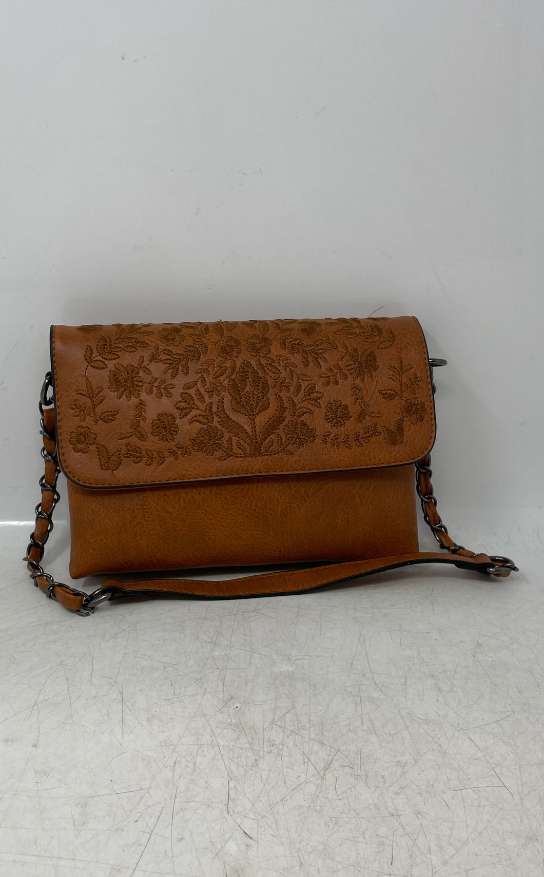 Sam & Hadley Womens Brown Floral Embroidered Adjustable Strap Crossbody Handbag