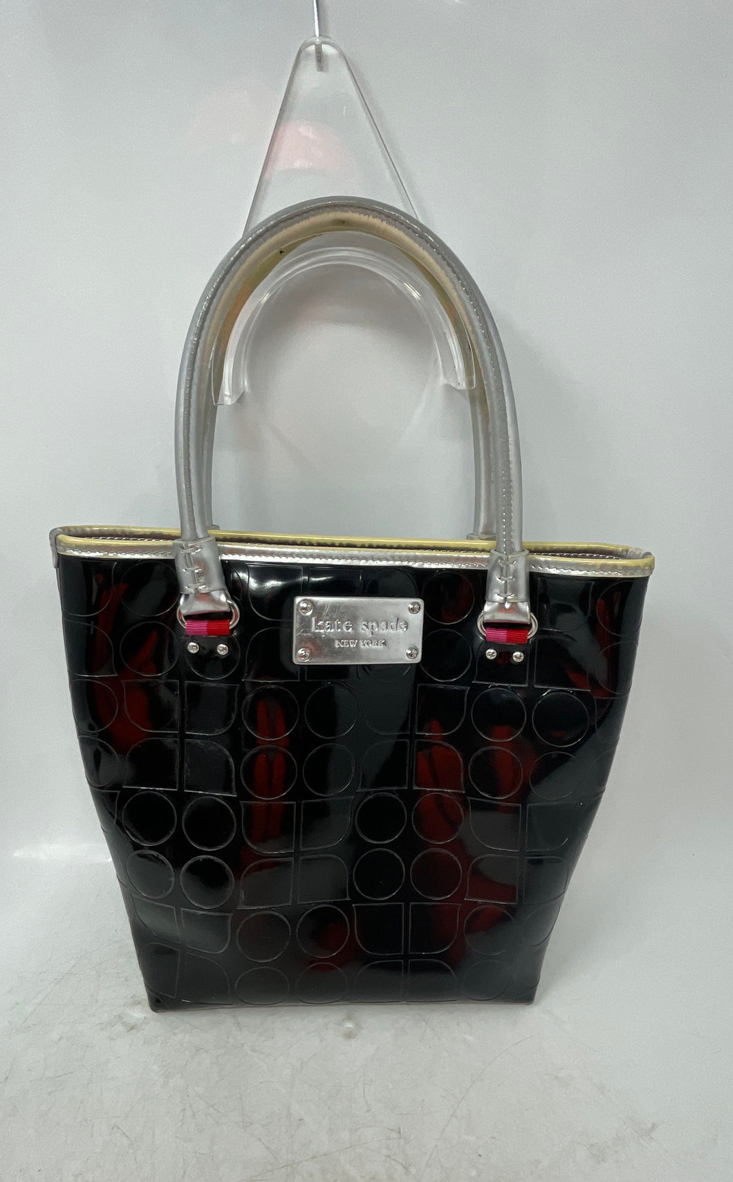 Kate Spade New York Womens Black Silver Geometric Embossed Lined Tote Handbag