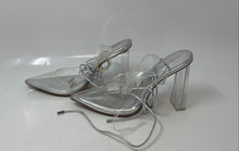 Load image into Gallery viewer, Aldo Womens Clear Gray Pointed Toe Block Heel Ankle Wrap Strappy Sandals Sz 7.5
