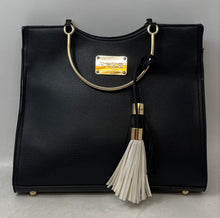 Load image into Gallery viewer, Bebe Womens Black Pebbled Leather Tassel Bottom Studs Double Handle Satchel Bag
