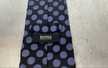 Load image into Gallery viewer, Hugo Boss Mens Black Purple Polka Dot Silk Keeper Loop Adjustable Pointed Tie
