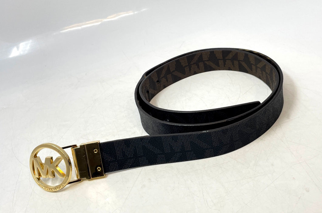 Michael Kors Womens Brown Black Monogram Reversible Buckle Dress Belt