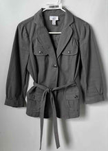 Load image into Gallery viewer, Ann Taylor Loft Womens Gray 3/4 Sleeve Tie Waist Button Front Jacket Size MP
