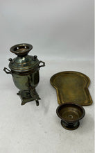 Load image into Gallery viewer, Russian Gold-Tone Brass Collectible Samovar Tea Urn Bowl &amp; Tray Set
