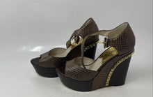 Load image into Gallery viewer, Michael Kors Womens Ella Brown Snakeskin Wedge Heel Ankle Strap Sandals Size 9M
